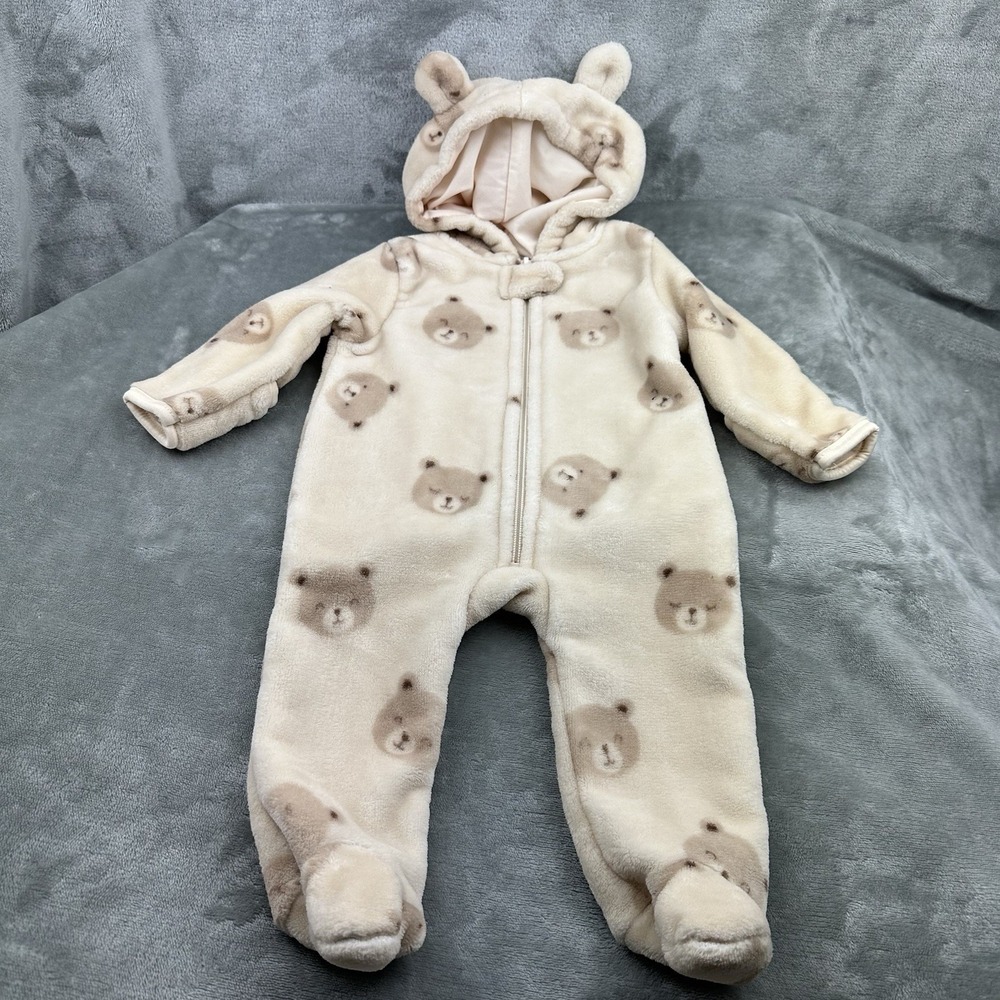 Baby Gear Hooded Fleece Pajama 0-3 Months Brown Tan Ivory Bear Cold Weather